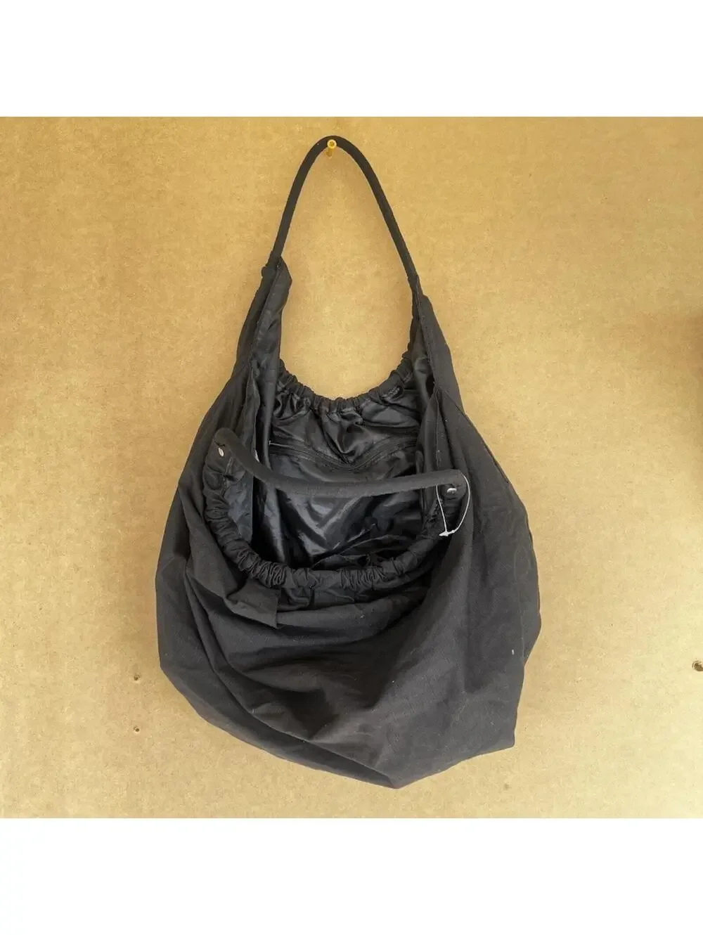 Black Cotton Slouchy Hobo Shoulder Bag Ruched Drawstring Utility Streetwear - Picture 2 of 4